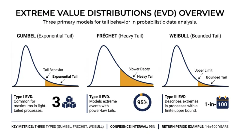The three distributions model different types of tail risk based on how quickly the probability of an extreme event decays.