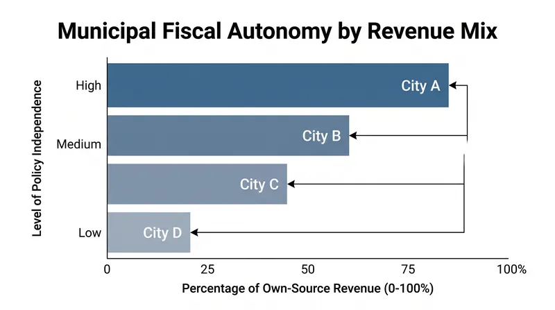 Cities generating over 60% of their own revenue demonstrate significantly higher policy independence.