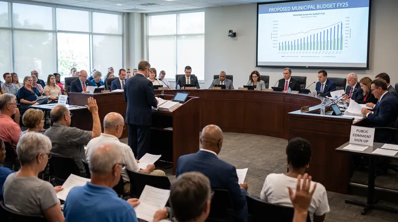 Elected local officials sitting at a curved wooden dais reviewing budget documents during a public city council meeting.