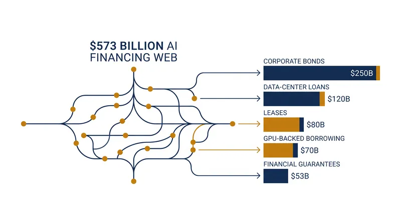 The $573 billion AI financing network spans five major categories of debt and guarantees.