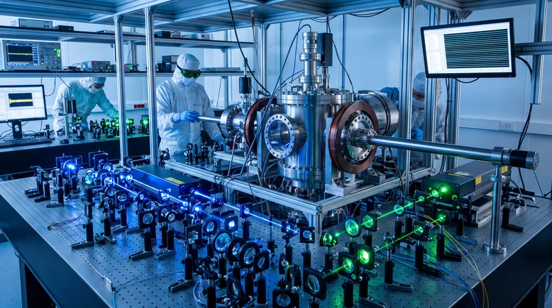A complex optical table in a quantum computing laboratory, featuring lasers, mirrors, and a central vacuum chamber.