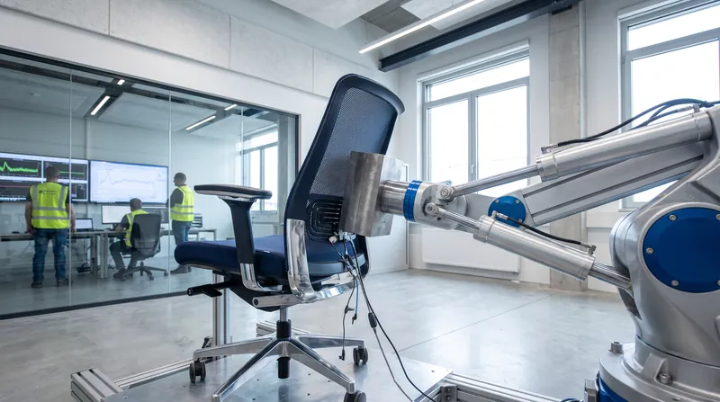 A robotic testing arm pressing heavily against the backrest of a modern office chair in a laboratory.