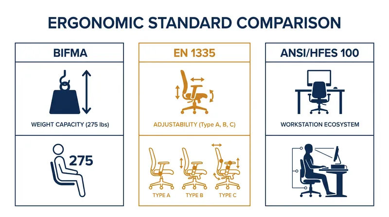Each standard measures a different aspect of office chair performance, from brute strength to dimensional fit.