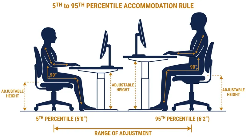 ANSI/HFES 100 dictates that a workstation must adjust to fit the vast majority of the adult population.