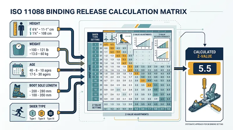 The ISO 11088 standard uses a specific matrix of physical parameters to calculate a skier's required release torque.