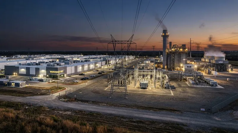 A large industrial natural gas power plant operating near a modern hyperscale data center facility.