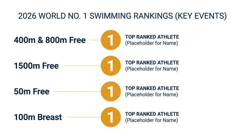Finalized 2026 World No. 1 Rankings across key freestyle and breaststroke events.