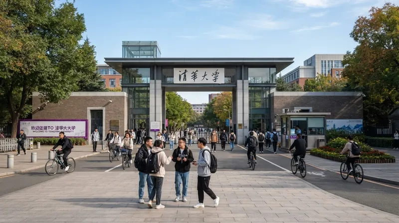 Students walking through the entrance of a modern Chinese university campus on a sunny day.