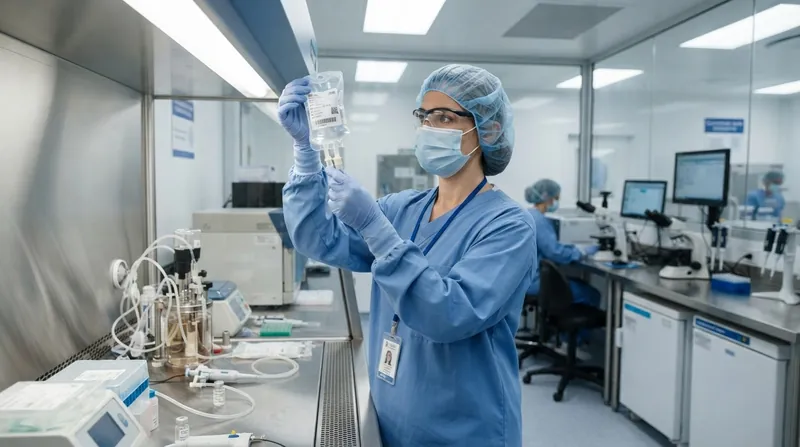 A scientist in sterile blue scrubs and a face mask examines a medical IV bag in a laboratory.