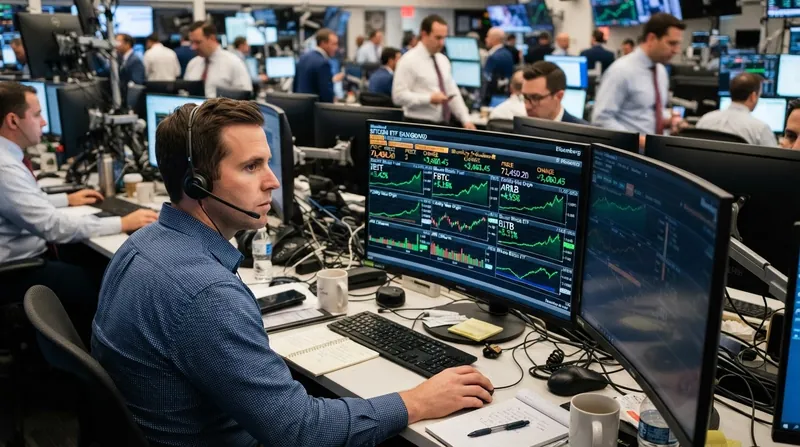A financial trading terminal displaying green upward trend lines and Bitcoin ETF market data.