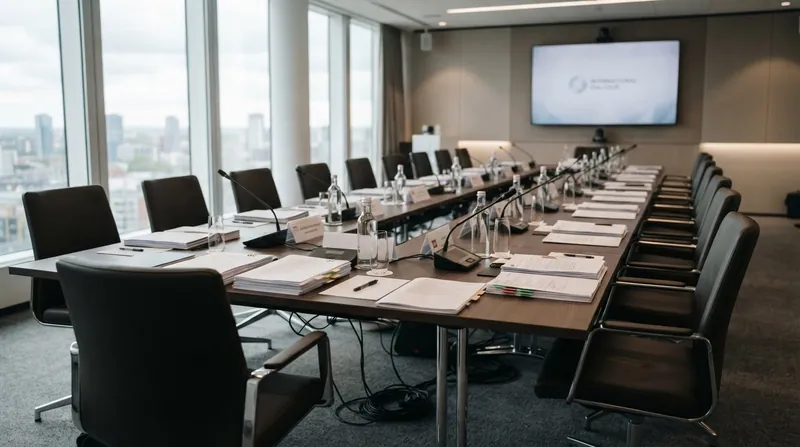A formal negotiation table in a modern conference room with empty chairs, microphones, and document stacks.