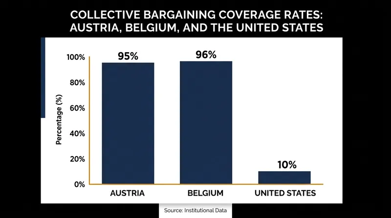 Collective bargaining coverage rates by country and system type.