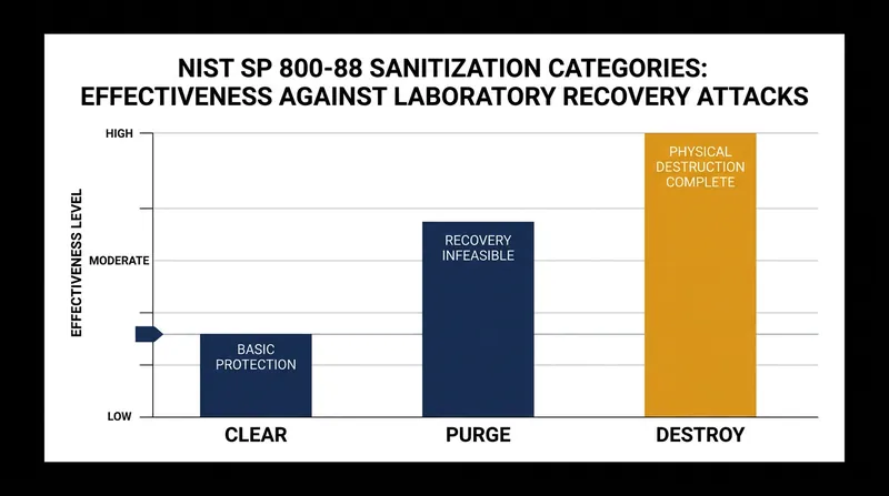 NIST sanitization categories define the level of effort required to recover data.