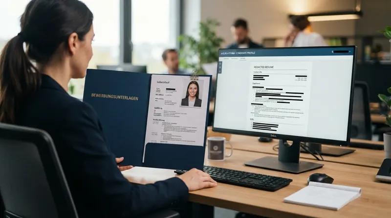 A traditional German application folder with a photograph next to a computer displaying a redacted American resume.