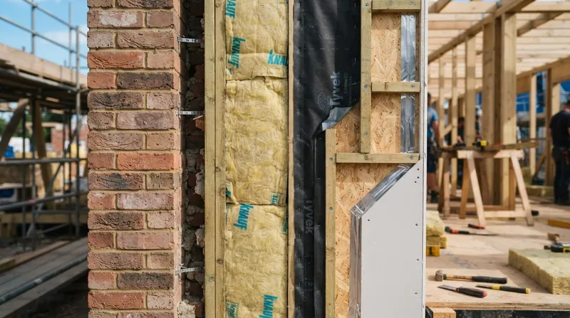 A cross-section of a modern residential wall under construction, showing exposed brick, thick glasswool insulation, and timber framing.