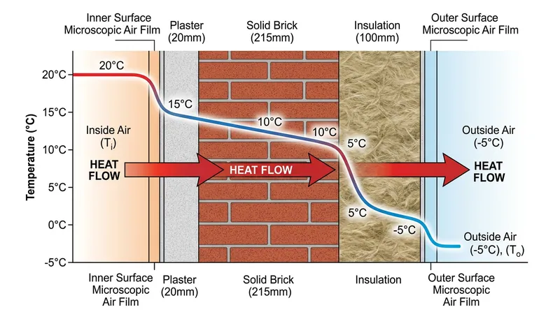 Heat flow must overcome both the physical materials and the surface air films before escaping the building envelope.