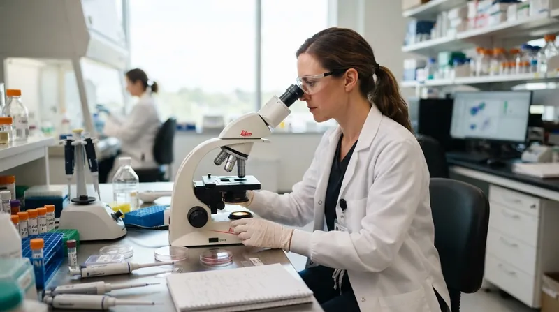 A medical researcher in a white lab coat examines samples under a microscope in a modern laboratory.