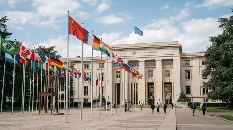 Exterior view of the United Nations Human Rights Council building in Geneva with flags flying.