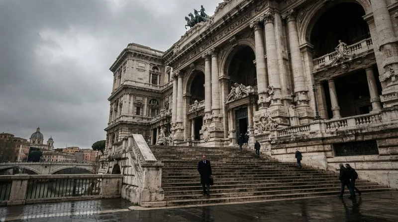The exterior facade of the Palace of Justice in Rome, Italy, featuring stone columns and statues.