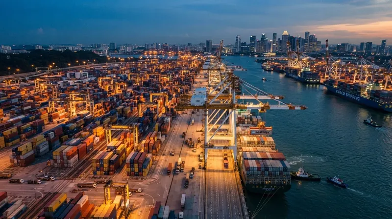 High-angle view of a massive commercial shipping port at dusk with thousands of stacked intermodal containers and a gantry crane.