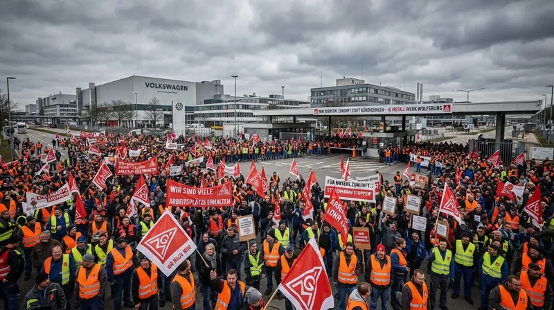 A large crowd of automotive workers in high-visibility clothing protesting outside a German manufacturing plant.
