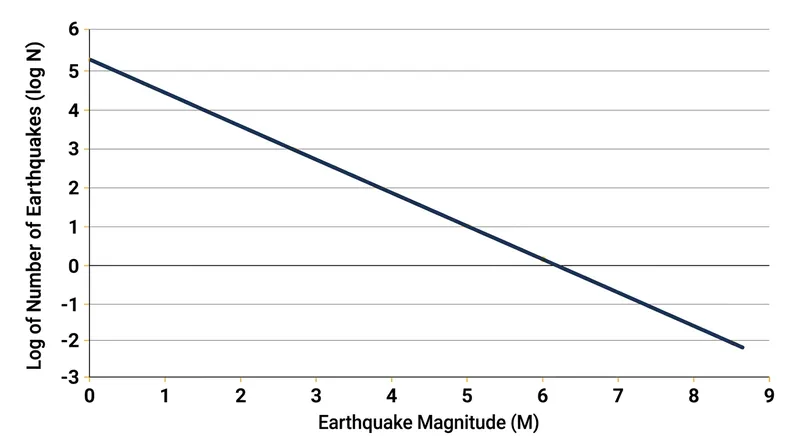 When plotted on a logarithmic scale, earthquake frequencies form a perfectly straight line.