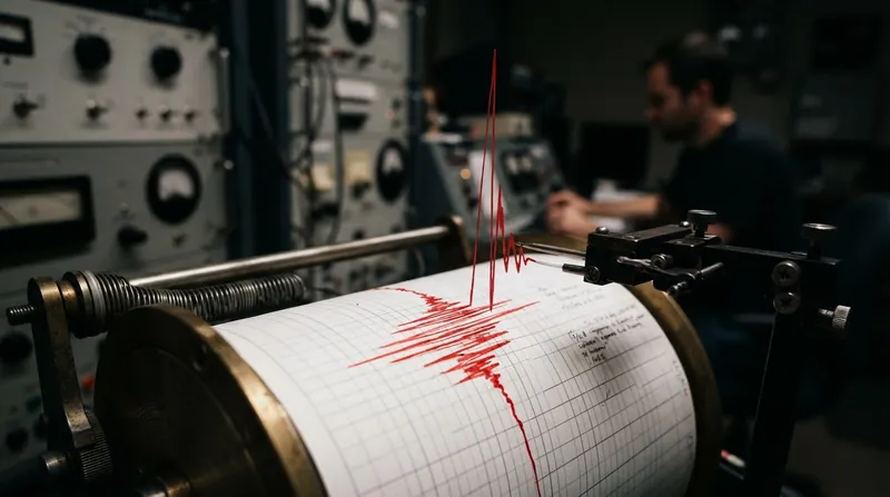 A close-up view of a seismograph drum with a needle recording a large seismic wave in red ink.