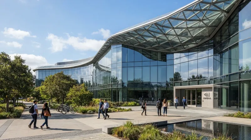 The exterior of Nvidia's modern glass corporate headquarters building on a sunny day.