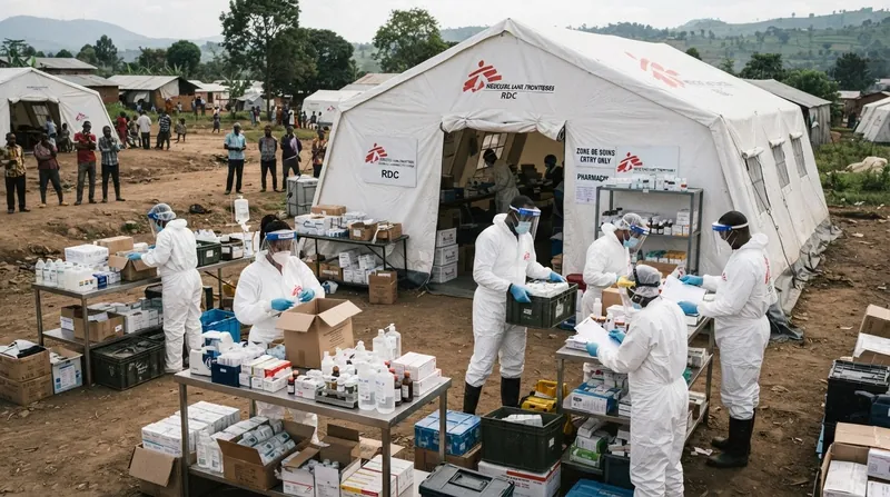 Medical professionals in protective gear working outside an Ebola treatment center tent in the Democratic Republic of Congo.