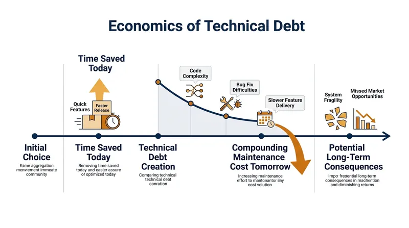 The economic mechanism of technical debt relies on discounting future rework costs to achieve immediate velocity.