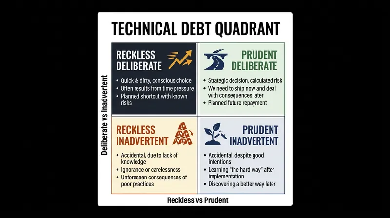 Martin Fowler's Technical Debt Quadrant categorizes engineering trade-offs by intent and awareness.