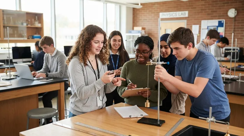 A diverse group of high school students conducting a physics experiment with a pendulum in a laboratory.