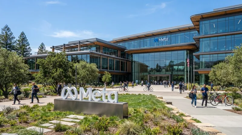 Exterior view of the Meta headquarters building in Menlo Park on a sunny day.