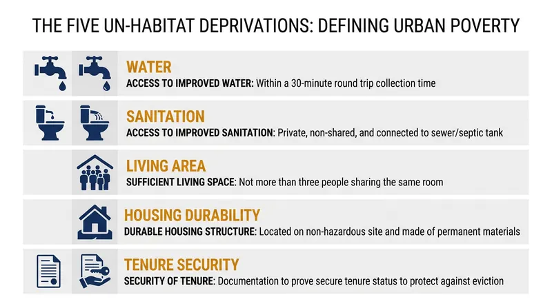 The five physical and legal deprivations that define a slum household under the UN-Habitat global monitoring framework.