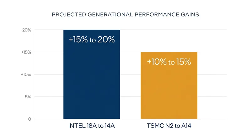 Projected generational performance improvements for Intel 14A and TSMC A14, based on official company specifications.