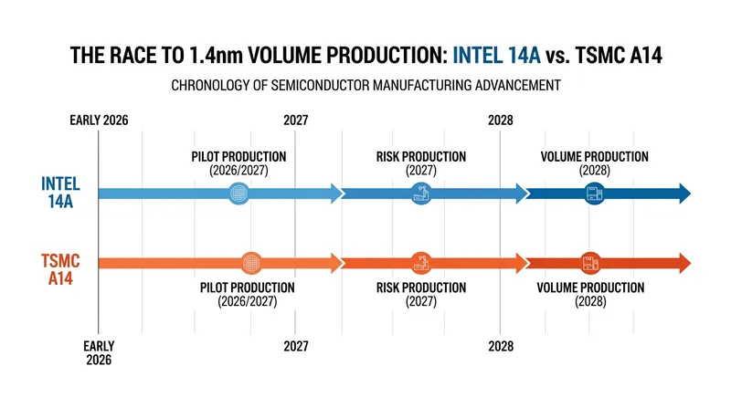 Both Intel and TSMC are targeting 2028 for high-volume manufacturing of their 1.4nm-class nodes.