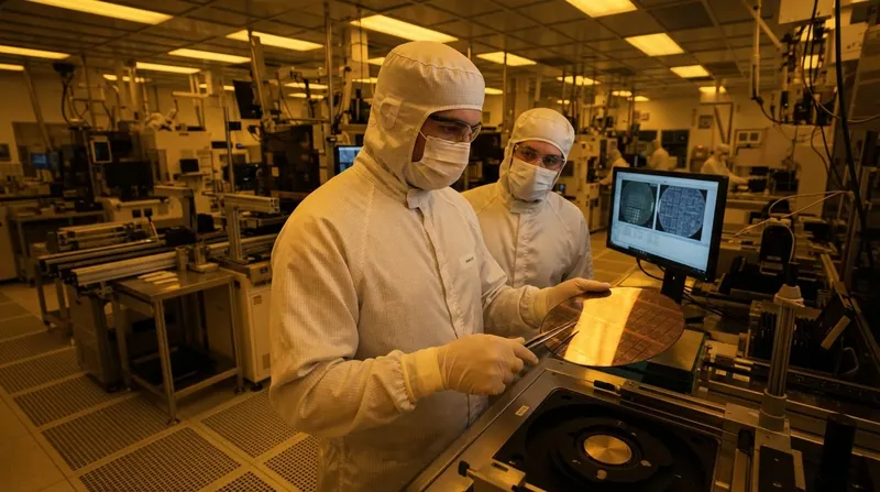 Technicians in white cleanroom suits inspecting a silicon wafer inside a semiconductor fabrication plant under amber lighting.