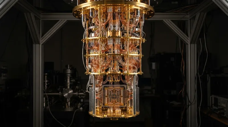 A complex superconducting quantum processor suspended in a cryogenic cooling chandelier with gold wiring.