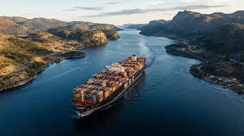 Aerial view of a large container ship heavily loaded with cargo navigating a deep blue ocean strait.