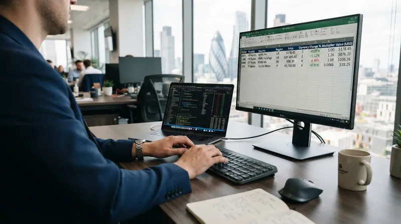 A person's hands typing on a laptop next to a secondary monitor displaying a spreadsheet of international currency symbols and percentages.