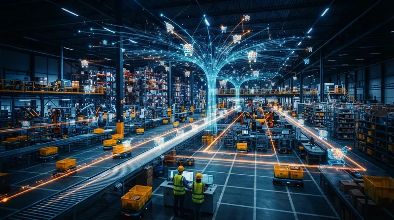 A modern warehouse interior overlaid with glowing digital network lines connecting shopping cart icons.