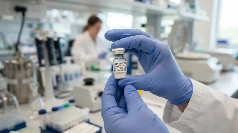 A researcher's gloved hands holding a small glass vial containing a freeze-dried solid-state mRNA vaccine formulation in a laboratory.