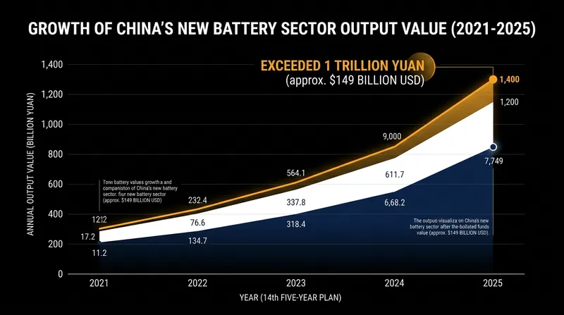 China's battery sector output value surpassed 1 trillion yuan during the 2021-2025 period.