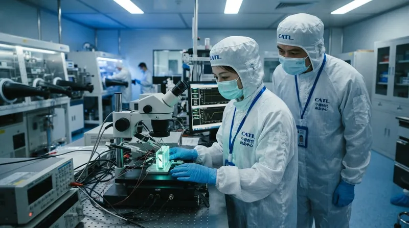 Researchers in cleanroom suits inspecting a glowing solid-state battery prototype on a testing bench in a laboratory.