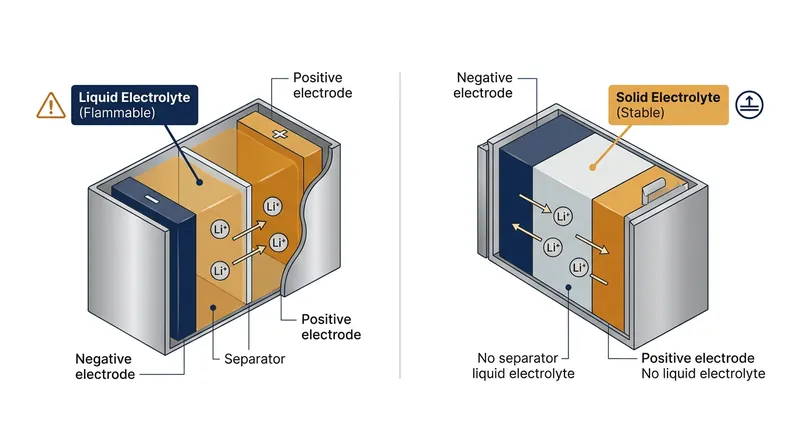 Solid-state batteries replace flammable liquid electrolytes with a solid conductive material, increasing energy density and safety.