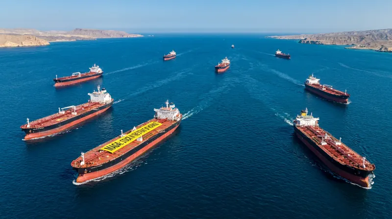 A large crude oil tanker sailing through the blue waters of the Strait of Hormuz.