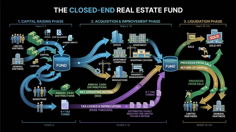The lifecycle and tax flow of a closed-end real estate fund.
