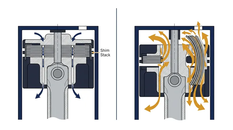 At high shaft velocities, fluid pressure forces the deflective shims open, bypassing the low-speed bleed circuits to prevent hydraulic lock.