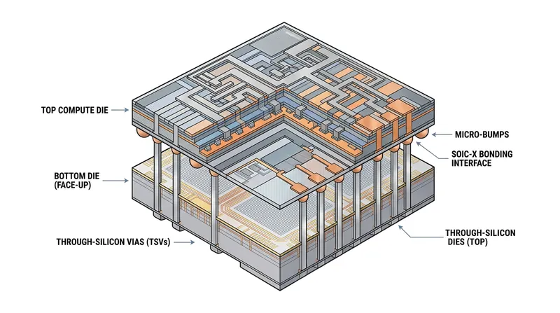 Through-Silicon Vias (TSVs) allow compute and memory dies to be stacked vertically, reducing the physical distance data must travel.