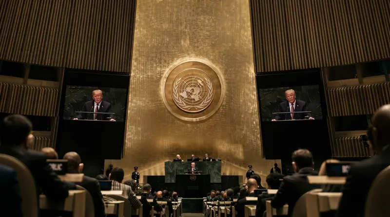 U.S. President Donald Trump speaking at the United Nations General Assembly podium in front of the green marble background.